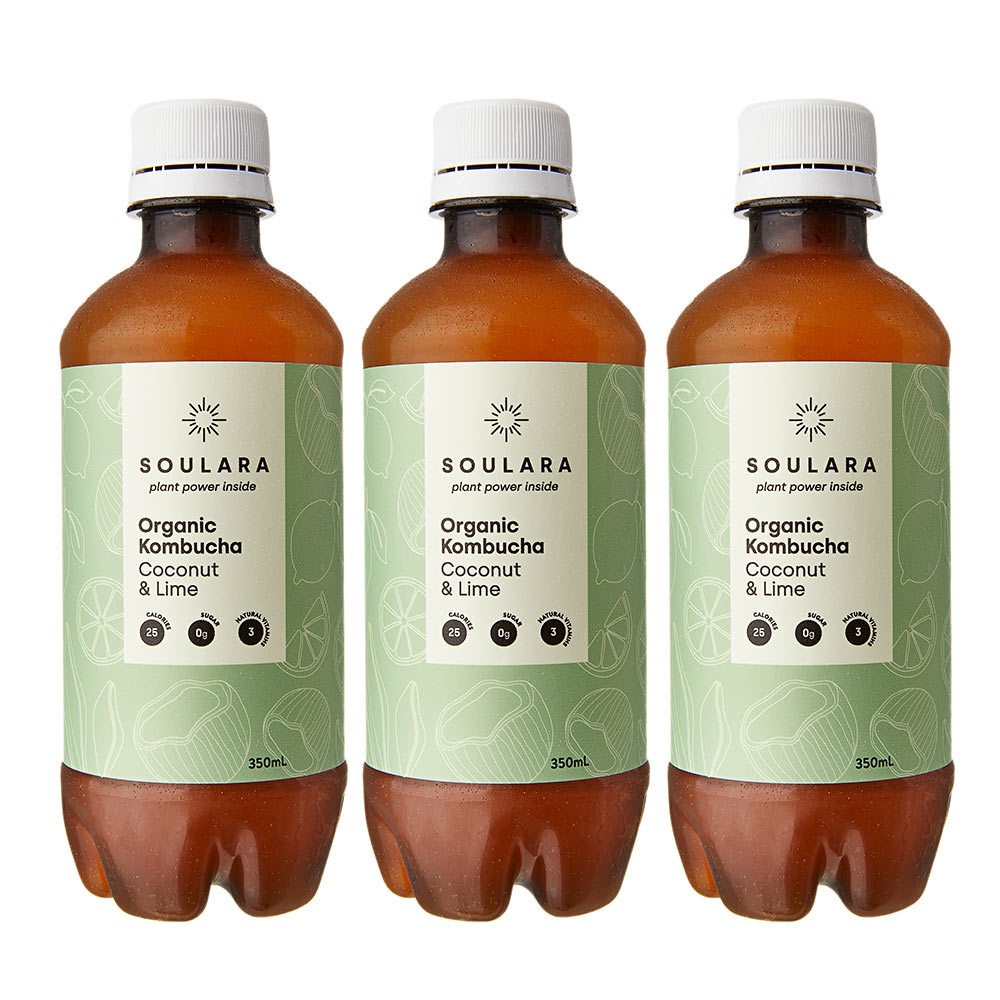 Organic coconut and lime kombucha from Soulara vegan ready made meals.