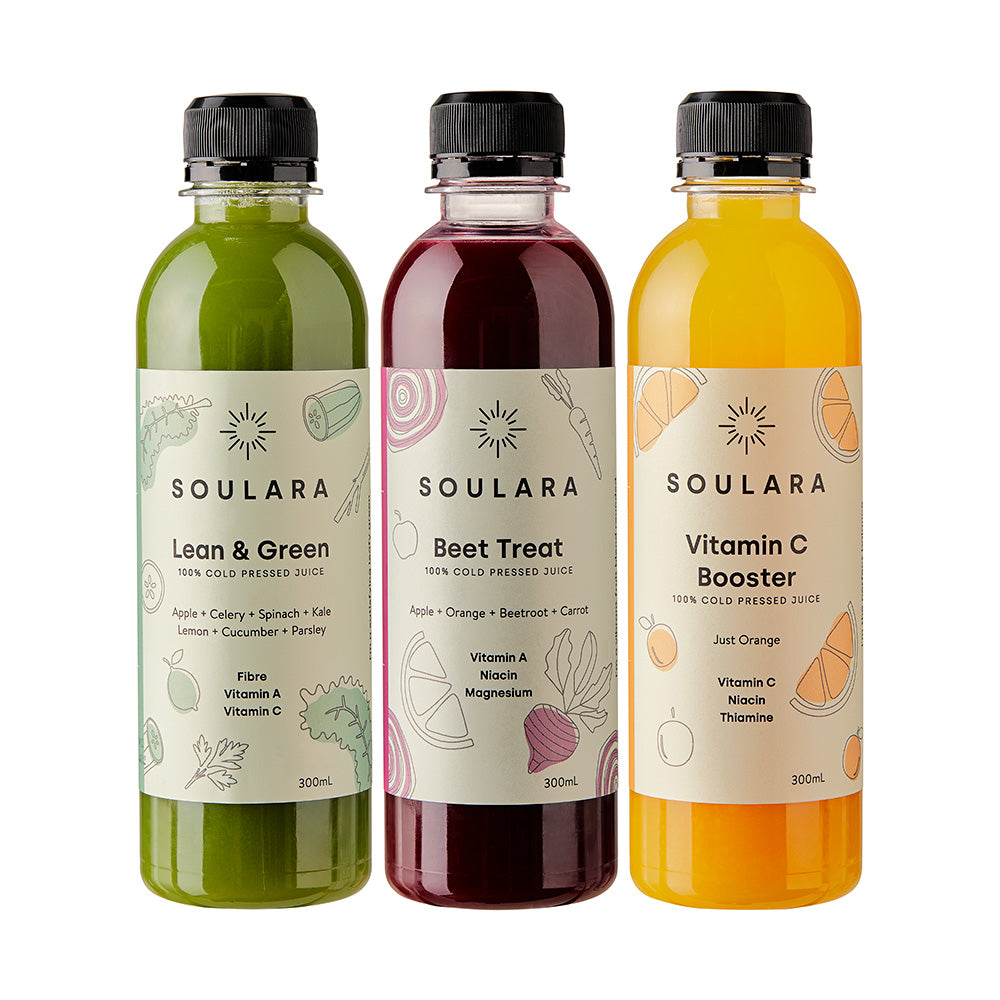 Orange juice, green juice and beet juice pack from Soulara vegan ready made meals.