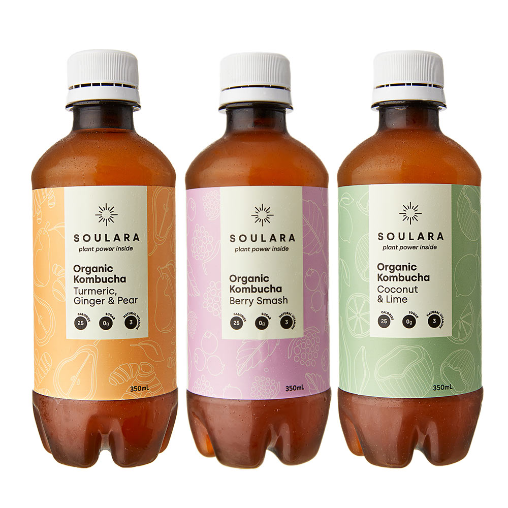 A six-pack combo of berry, turmeric, coconut and lime kombuchas from Soulara vegan ready made meals.