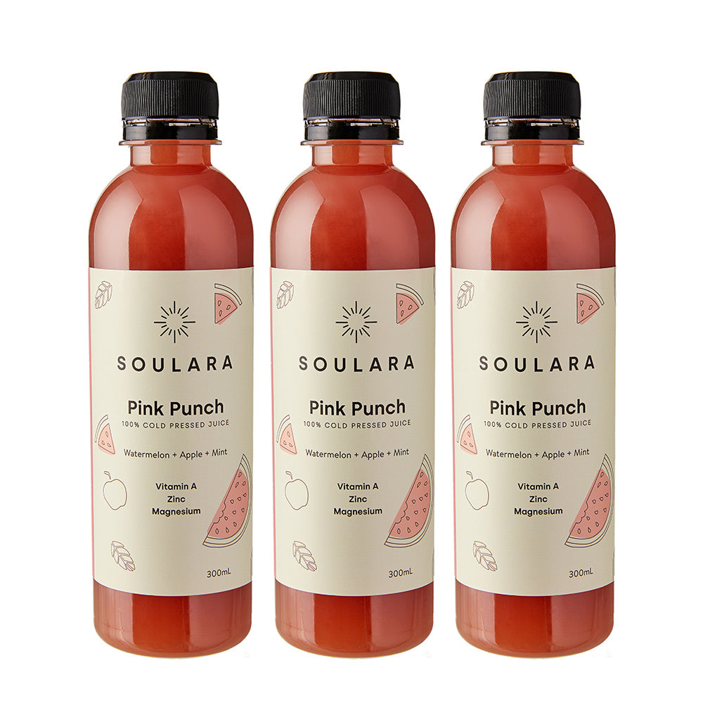 Cold pressed watermelon, apple and mint juice from Soulara vegan ready made meals.