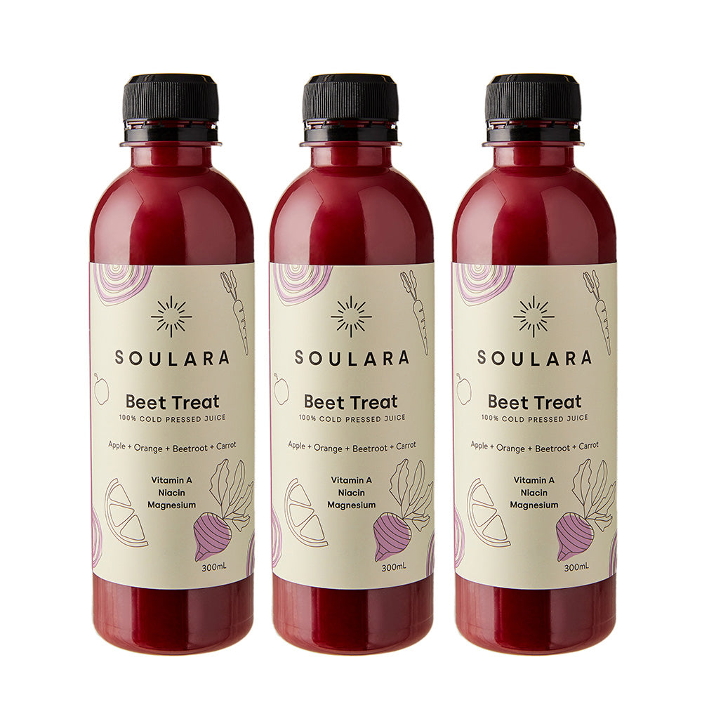 Cold pressed beetroot juice from Soulara vegan ready made meals.