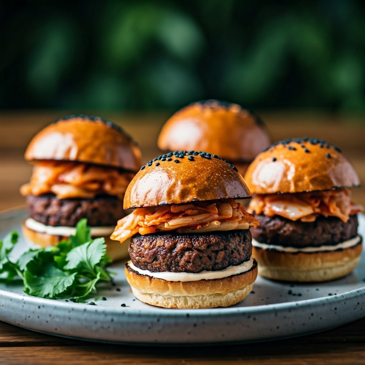 vEEF Plant Based Premium Lamb Burger patties served in toasted brioche buns with kimchi