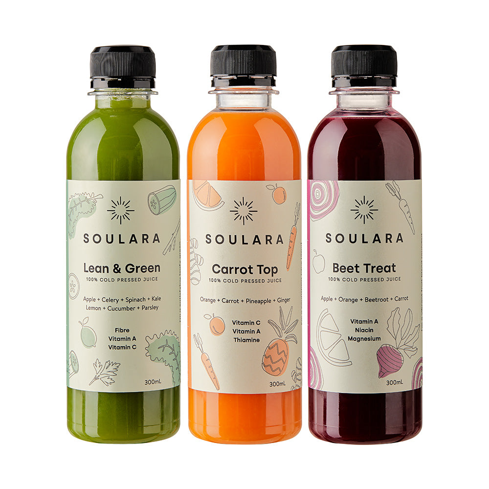 Cold pressed green, carrot and beetroot juice from Soulara vegan ready made meals.