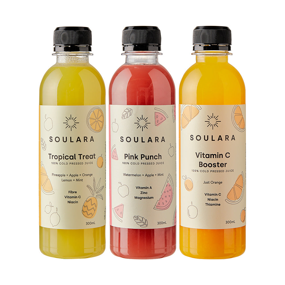 Tropical, watermelon and organic summer juice pack from Soulara vegan ready made meals.